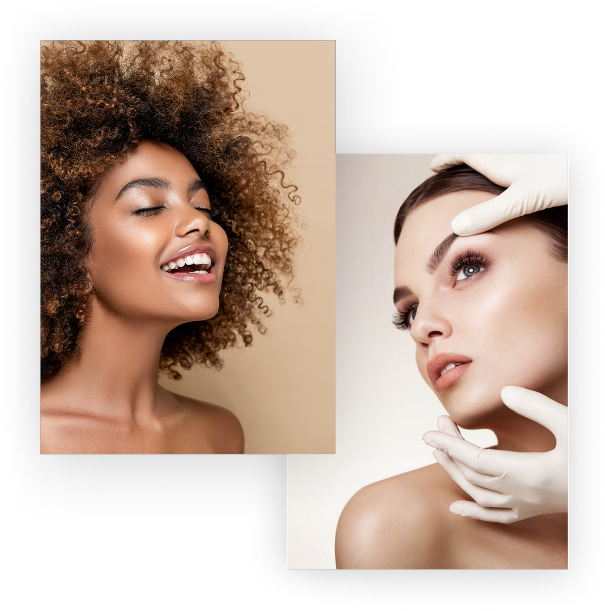 Dark Skinned model with curly hair and white model having a facial exam
