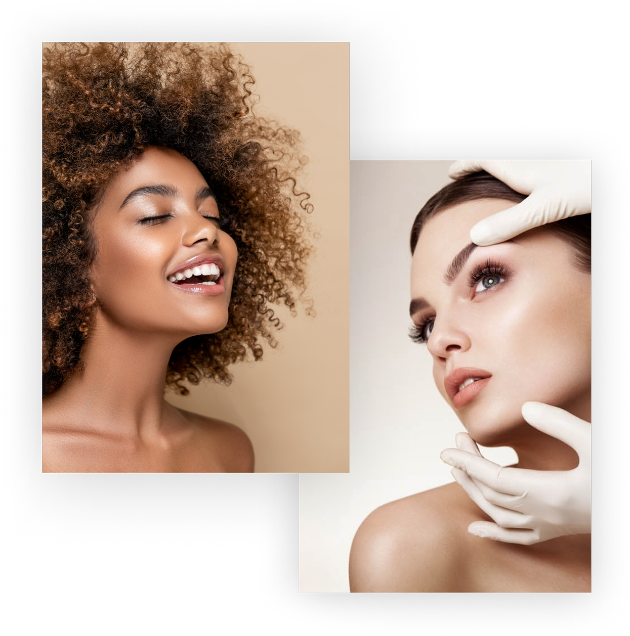 Dark Skinned model with curly hair and white model having a facial exam